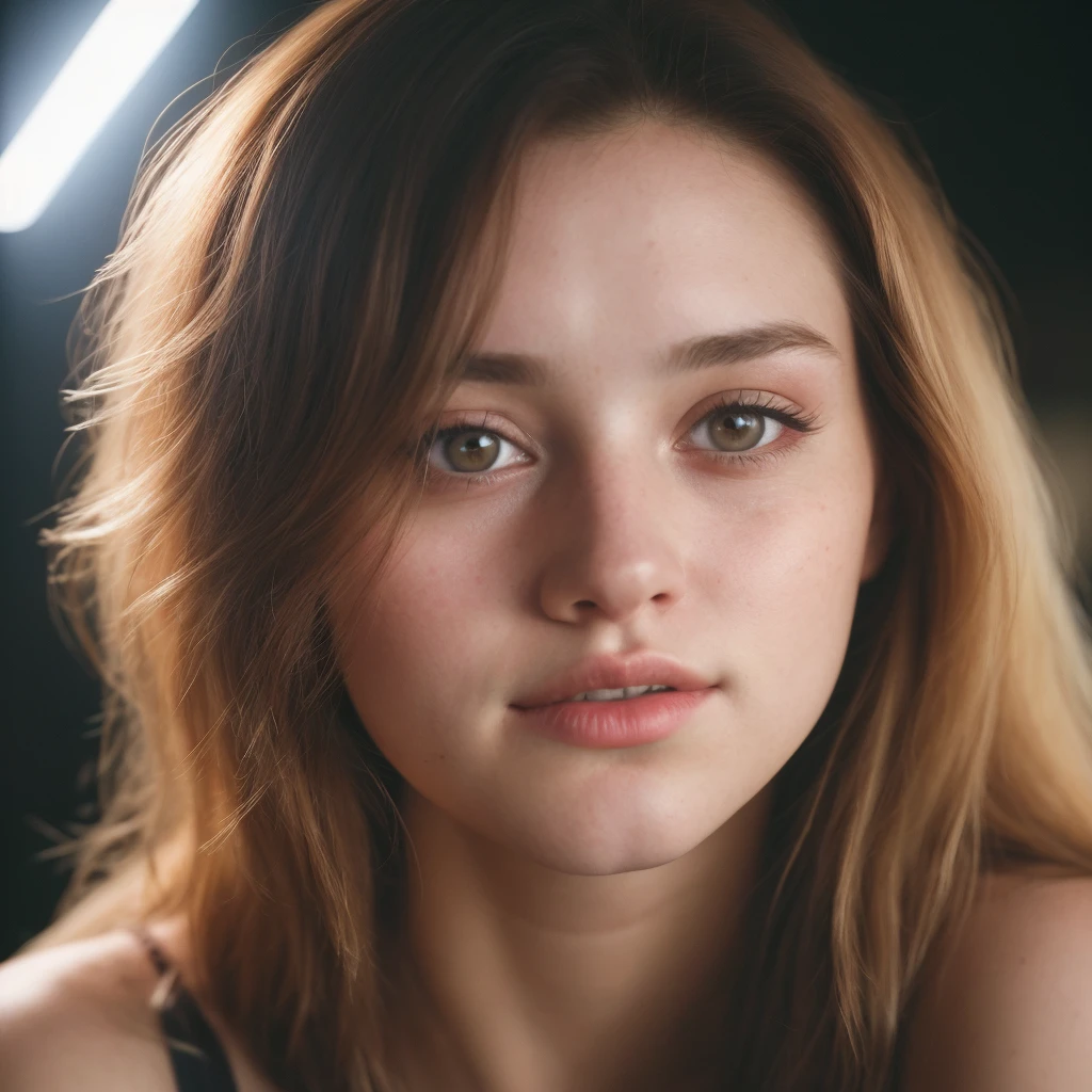 (close-up, editorial photograph of a 21 year old woman), (highly detailed face:1.4) (smile:0.7) (background inside light, warm, private study:1.3) POV, by lee jeffries, nikon d850, film stock photograph ,4 kodak portra 400 ,camera f1.6 lens ,rich colors ,hyper realistic ,lifelike texture, dramatic lighting , cinestill 800, showing full realistic face infront of camera Blonde and smile