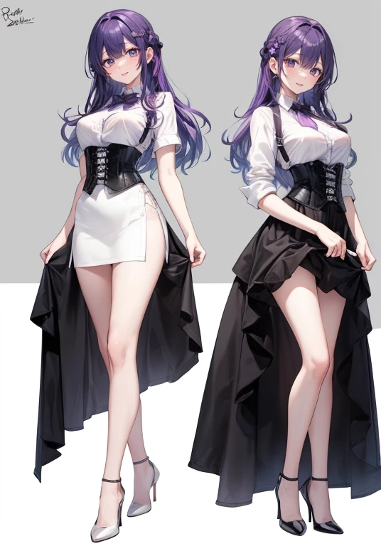 Purple hair,long hair,Adult female,(bartender),((Roll up your shirt sleeves)),(Rolling up the sleeves of his shirt),(corset),(skirt),(High heels),((Simple Background)),smile,((whole body)),((full body)),Character Sheet,