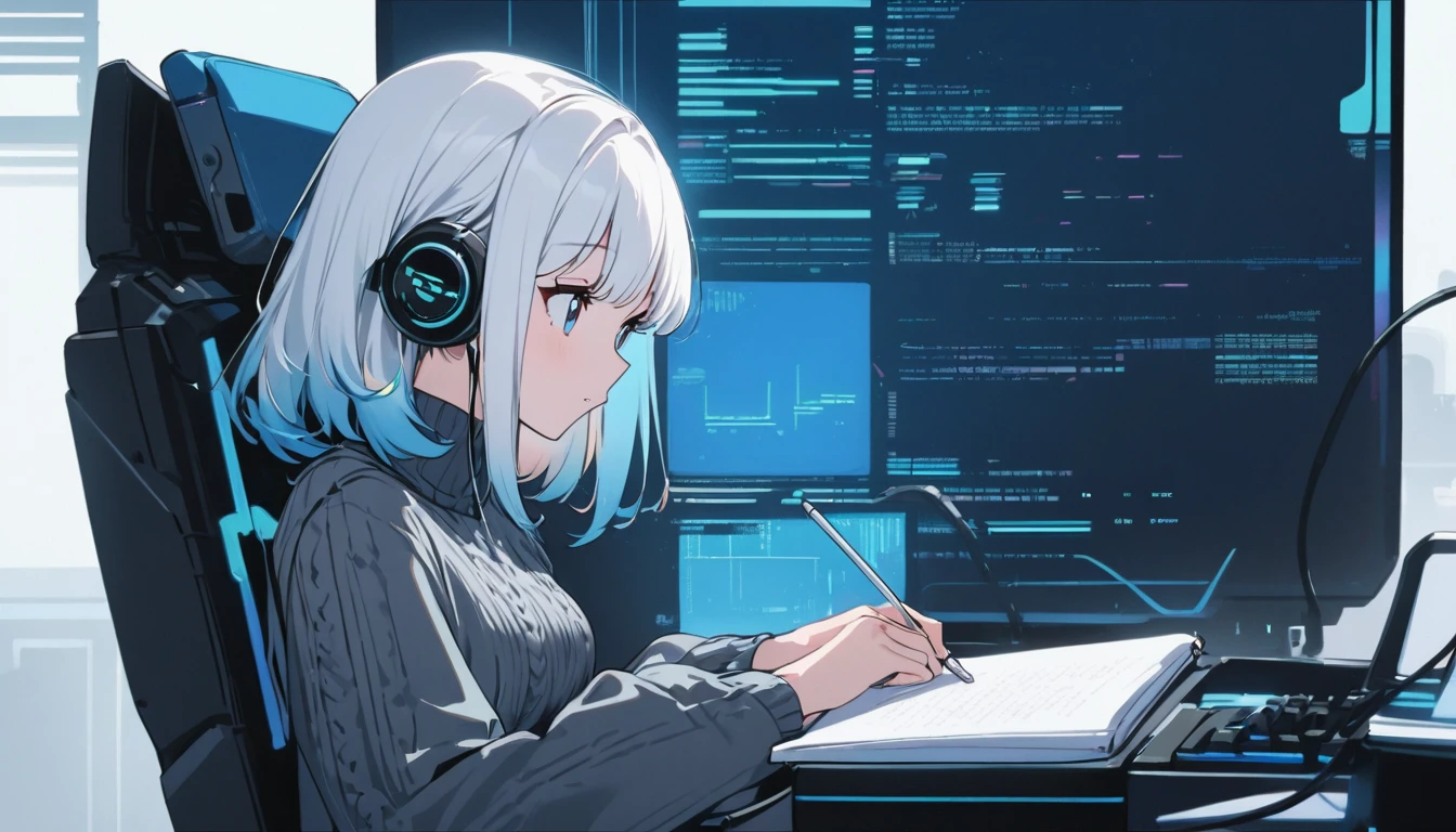 cute cute, 1womanl, Medium length hair, white hair with rainbow ends, blue colored eyes, earphone, knit dress, futurist, cyber punk, lo-fi, looking away, sitting studying