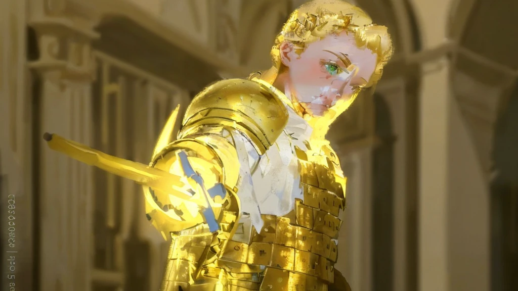Ground-shot angle of a girl, with long blonde braided hair, green eyes. She's wearing a white tunic and golden shoulder pads. Beautiful lights, iper-realistic, masterpiece, cinematic lighting, best quality, anatomically perfect.