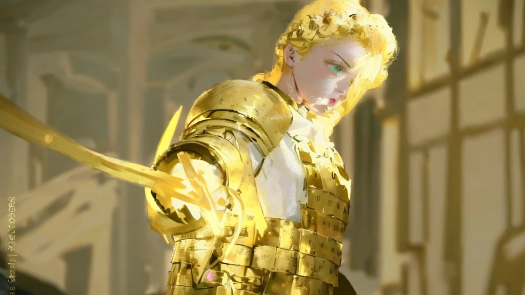 Ground-shot angle of a girl, with long blonde braided hair, green eyes. She's wearing a white tunic and golden shoulder pads. Beautiful lights, iper-realistic, masterpiece, cinematic lighting, best quality, anatomically perfect.
