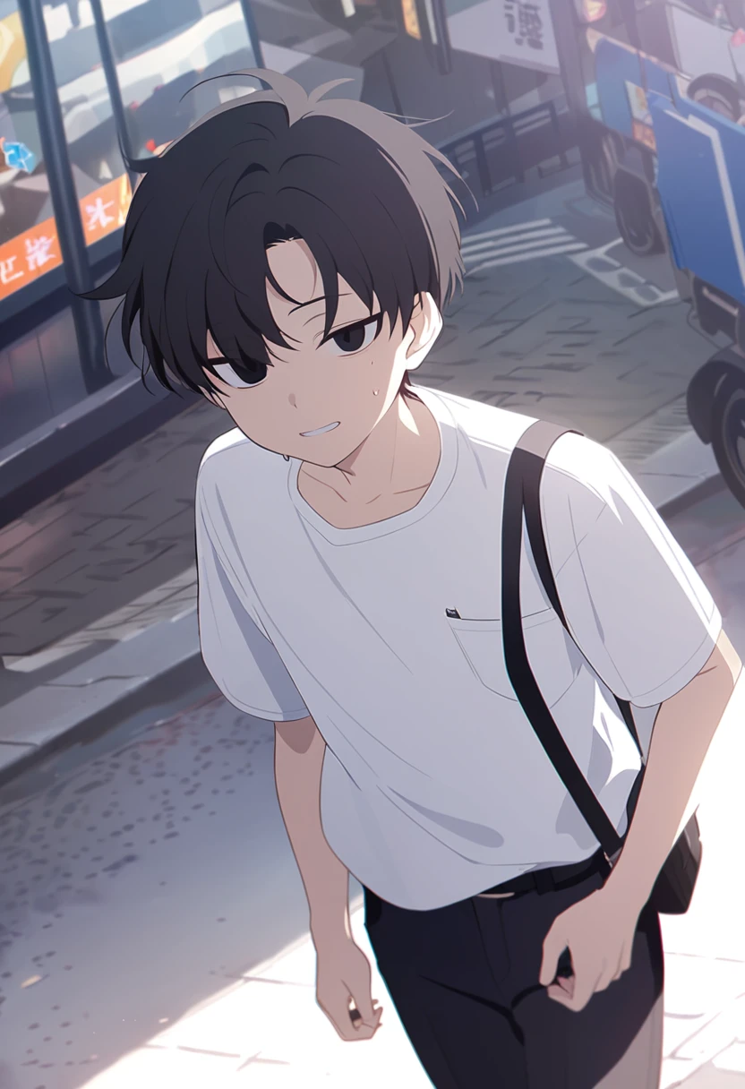 (One short boy,Black Hair,The hairstyle is short,Black Eye,Refreshing face)Boy walking in the city,White Shirt、Black trousers,Face to the viewer