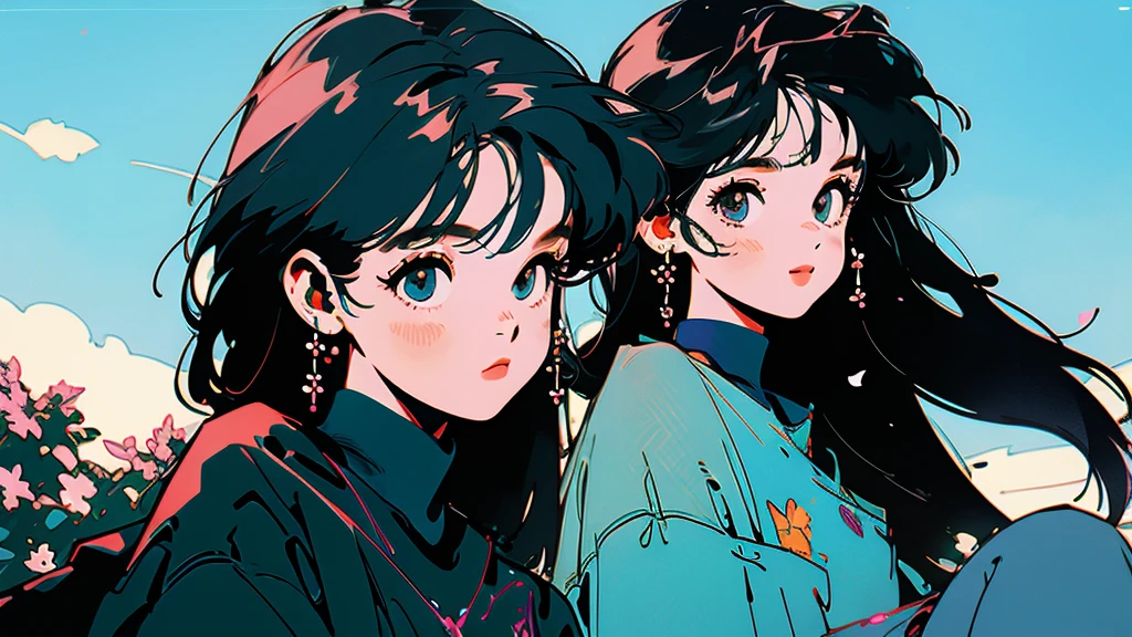 Beautiful flowers are blooming、One cool woman、Looking straight at the camera、The blue sky is spreading