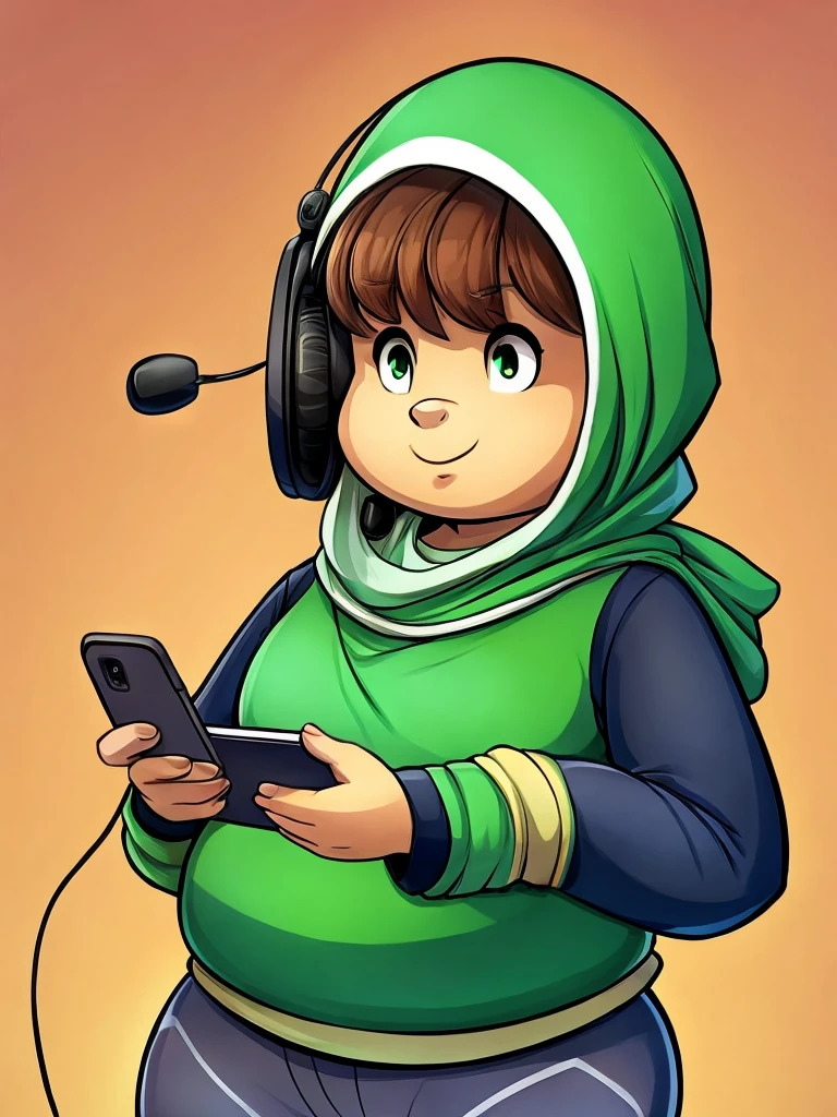 A cartoon short fat woman wearing a green hijab and holds her mobile and earphones
