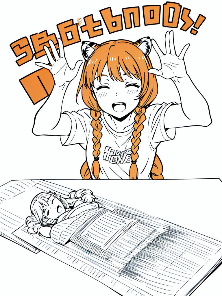 a girl with blonde hair, curly bangs, covered eyes, eyeglasses, Shirt, opened mouth, Sleeping, on a bed