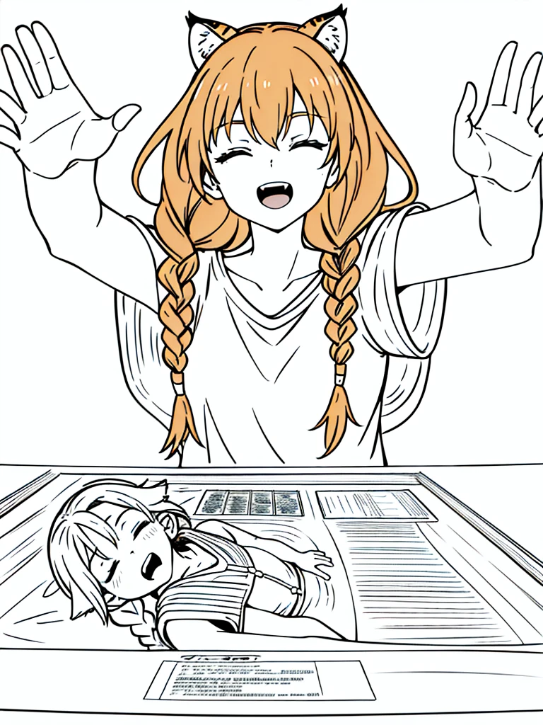 1girl,20 years old,solo,mature female,tiger ears,long hair,(twin braids),orange hair,casual,(white background,line drawing),closed eyes,open mouth,happy,from front,pov across table,waving, waving arm,yelling