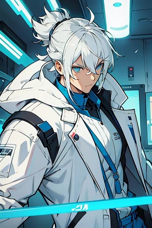 robot man, White hair, con hair clips, blue eyes, serious, lab coat