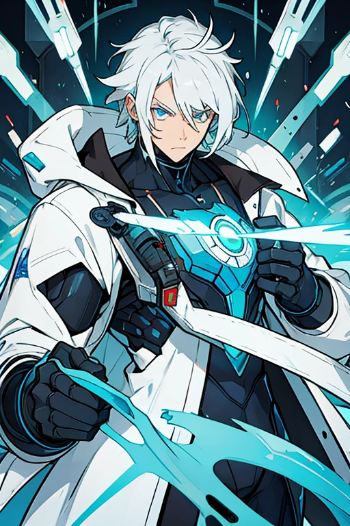 robot man, White hair, con hair clips, blue eyes, serious, lab coat