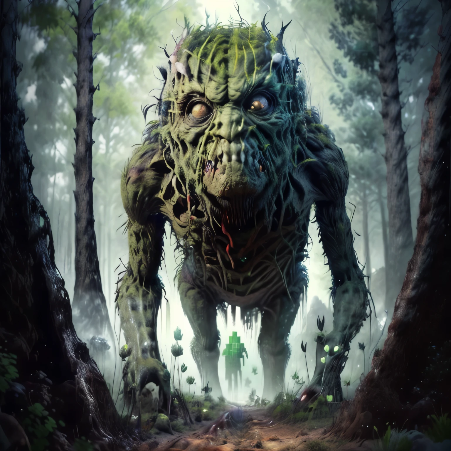 Imagine a Minecraft Creeper as if it were a realistic creature in the natural world. Tall, monster body, green skin. big black eyes, black mounth. Consider how it would move and interact with its environment, its posture, and expression. Explore its essence as a unique and intriguing creature while retaining recognizable elements that make it an icon of the Minecraft game. Realistic, at night. Green skin, skin with some white spots, skin made of green ammonium nitrate, green stone skin, short legs and arms, standing, ((inside a cave)), In a cave
