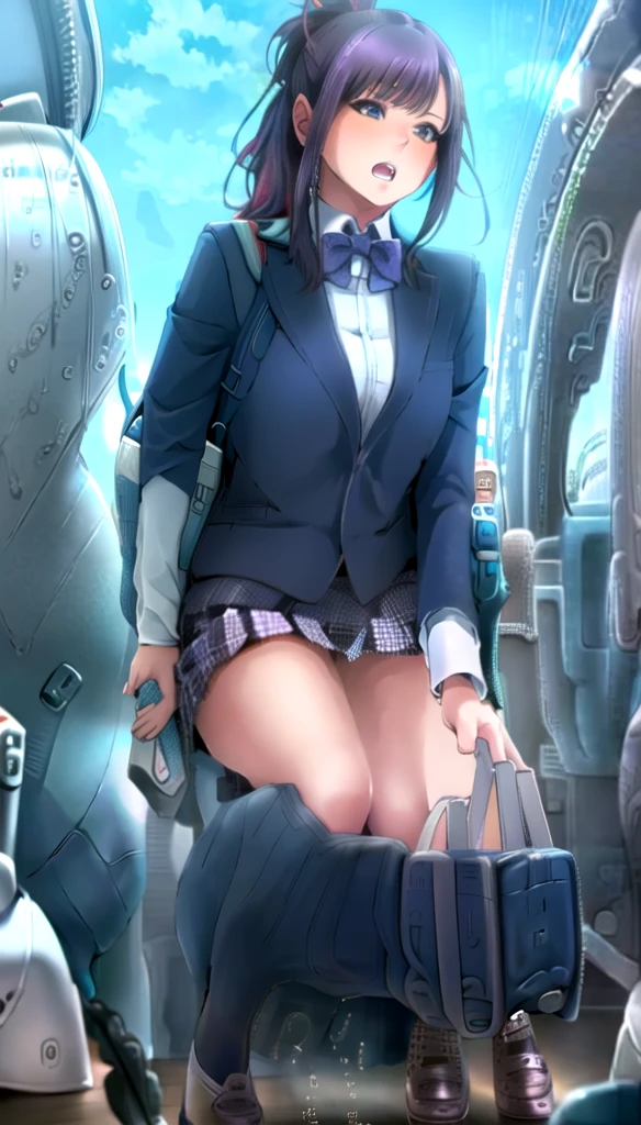 photorealistic, (4k), depth of field, (Masterpiece), (realistic skin texture), extremely detailed, intricate, hyper detailed, professional photography, bokeh, high resolution, sharp detail, best quality, girl, purple hair, ponytail, purple eyes, blue school uniform, skirt, nice hands, perfect hands, twisted torso, dynamic pose, modern city, skyscraper, walking down the street, sunlight, daytime, reflections,