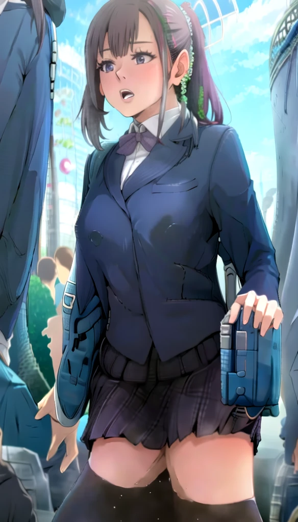 photorealistic, (4k), depth of field, (Masterpiece), (realistic skin texture), extremely detailed, intricate, hyper detailed, professional photography, bokeh, high resolution, sharp detail, best quality, girl, purple hair, ponytail, purple eyes, blue school uniform, skirt, nice hands, perfect hands, twisted torso, dynamic pose, modern city, skyscraper, walking down the street, sunlight, daytime, reflections,