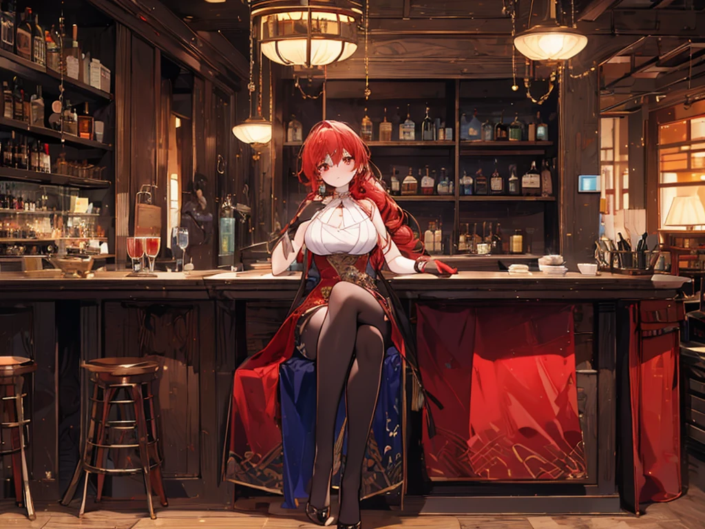 Crossing your legs, Anime style painting, An illustration, Liquor, バーに座ってカクテルを飲むwoman, look return, return, 背景の棚には多彩な色のLiquor瓶が並んでいる, Quiet bar, Calm expression, Perfect hands, elder, Redhead, Dignity at 50, ほろ酔いのwoman, alone、(Highly detailed returnground:1.0)、(Highly detailed returnground:1.0)、masterpiece、Highest quality、(Babes)、Fractal Art、Red eyes、Narrow eyes、Black and red dress, Reddish lips、From the shoulders up、smile、一人のwoman、Red Long Ponytail, Curly Hair, Red eyes,Golden accessories, alone, Big Breasts, woman, Take-out, Provocative laughter,40 year old woman,Queen of Sadism, Highly detailed returnground, Perfect Human Medicine,