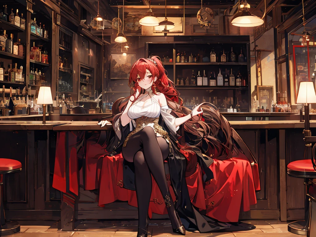 Crossing your legs, Anime style painting, An illustration, Liquor, バーに座ってカクテルを飲むwoman, look return, return, 背景の棚には多彩な色のLiquor瓶が並んでいる, Quiet bar, Calm expression, Perfect hands, elder, Redhead, Dignity at 50, ほろ酔いのwoman, alone、(Highly detailed returnground:1.0)、(Highly detailed returnground:1.0)、masterpiece、Highest quality、(Babes)、Fractal Art、Red eyes、Narrow eyes、Black and red dress, Reddish lips、From the shoulders up、smile、一人のwoman、Red Long Ponytail, Curly Hair, Red eyes,Golden accessories, alone, Big Breasts, woman, Take-out, Provocative laughter,40 year old woman,Queen of Sadism, Highly detailed returnground, Perfect Human Medicine,