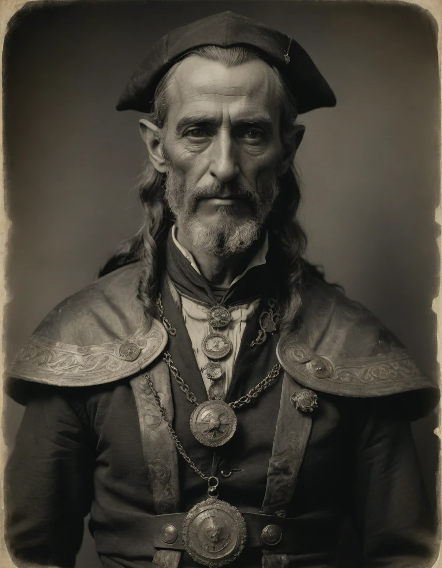 ((((Masterpiece, daguerreotype on old paper, monochrome)))), by Moebius, by Théodore Géricault, the composition is: ((((40 year old male high elf scientist, tan, elf ears, Assyrian beard, sullen, magnificent, he is wearing Mesopotamian costume with Steampunk elements, sashes, medals, pendants)))).
