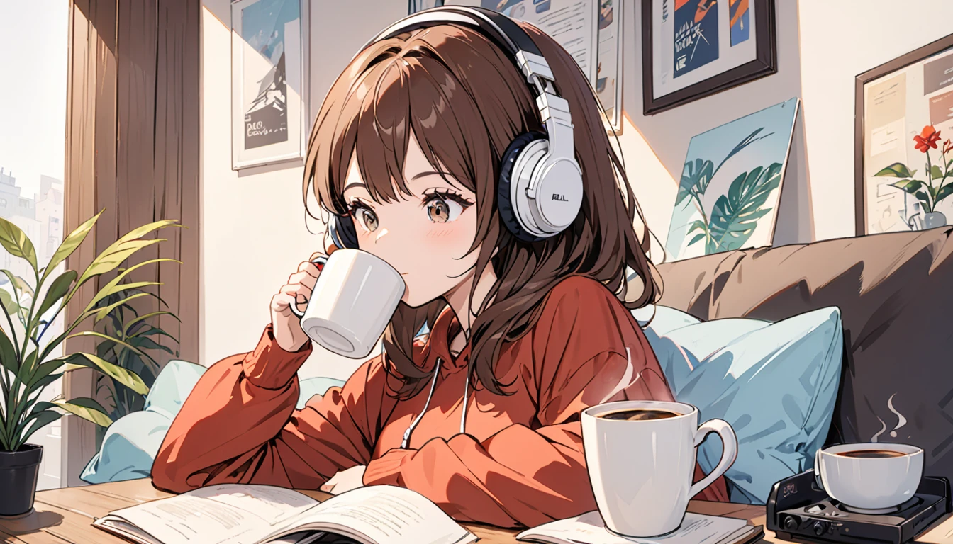 Girl wearing headphones,Drinking coffee from a mug while listening to jazz music,Brown Hair,relax