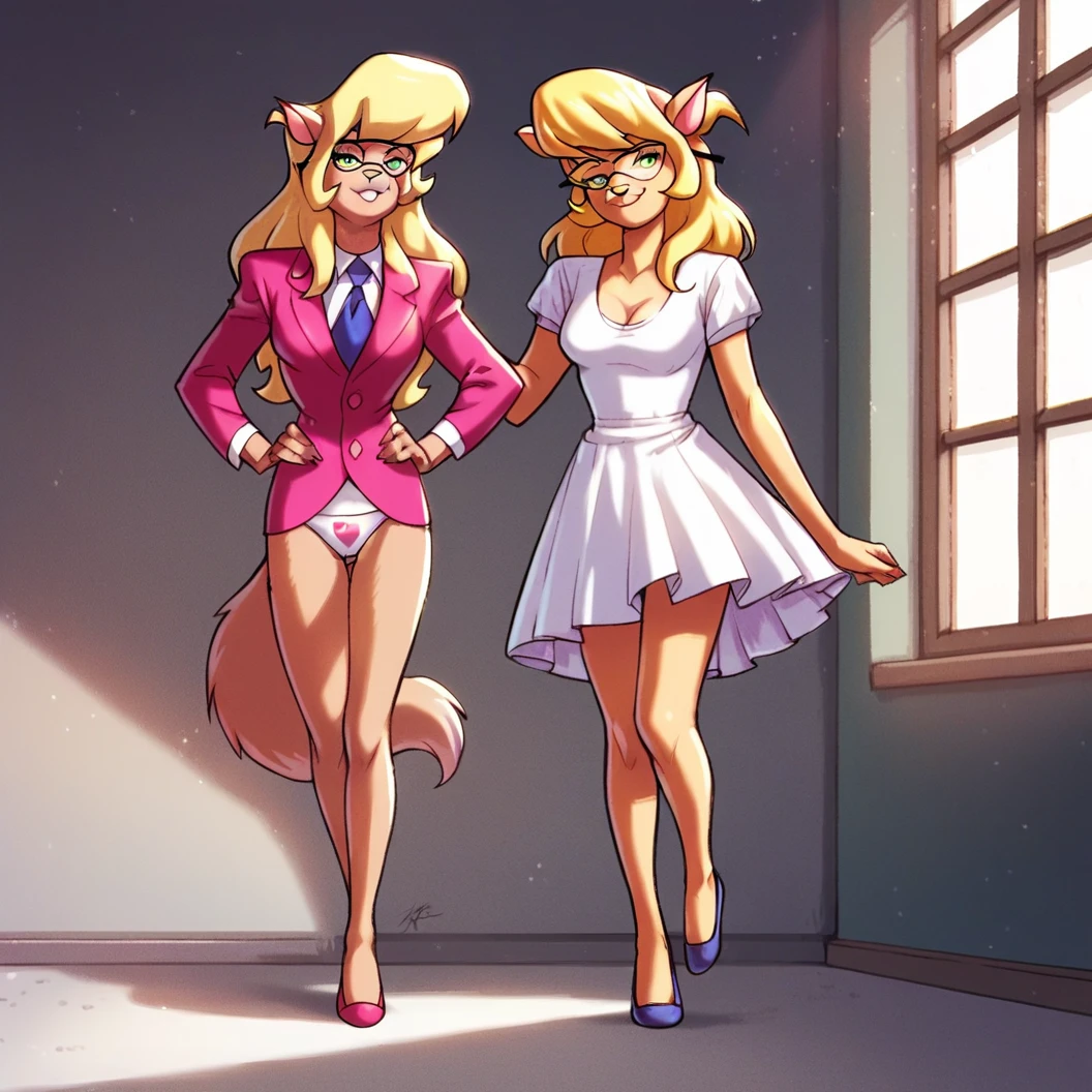 score_9, score_8_up, score_7_up, score_6_up, score_5_up, score_4_up, (Source furry), (rating safe), dance studio, standing, glasses, callie briggs, detailed, detailed fur, front view, ballerinas, white panties with pink hearts, heart print panties, 2girls, duo, tutus, ballet dance, pirouette, having fun
