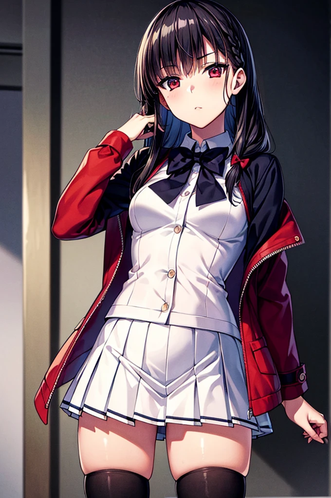 (masterpiece, best quality:1.5), (ultra detailed:1.4), super fine illustration, perfect anatomy, 8k portrait, official art, anime screencap,
1girl,
Suzune Horikita,
Suzune Horikita \(youjitsu\),
long hair, braid,
black hair,
red eyes, slant eyes, small eyes,
blue bow,
medium breasts,
red jacket, long sleeves, white skirt, pleated skirt, black thigh-high socks,
looking at viewer,
cowboy shot,
perfect light, background of indoor,
