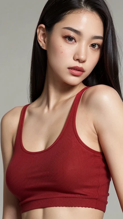 ((Surreal、Super detailed image, maybe a photo.,Captures the details of the skin texture of an incredibly beautiful woman.))Wearing a red tank top,long black hair。