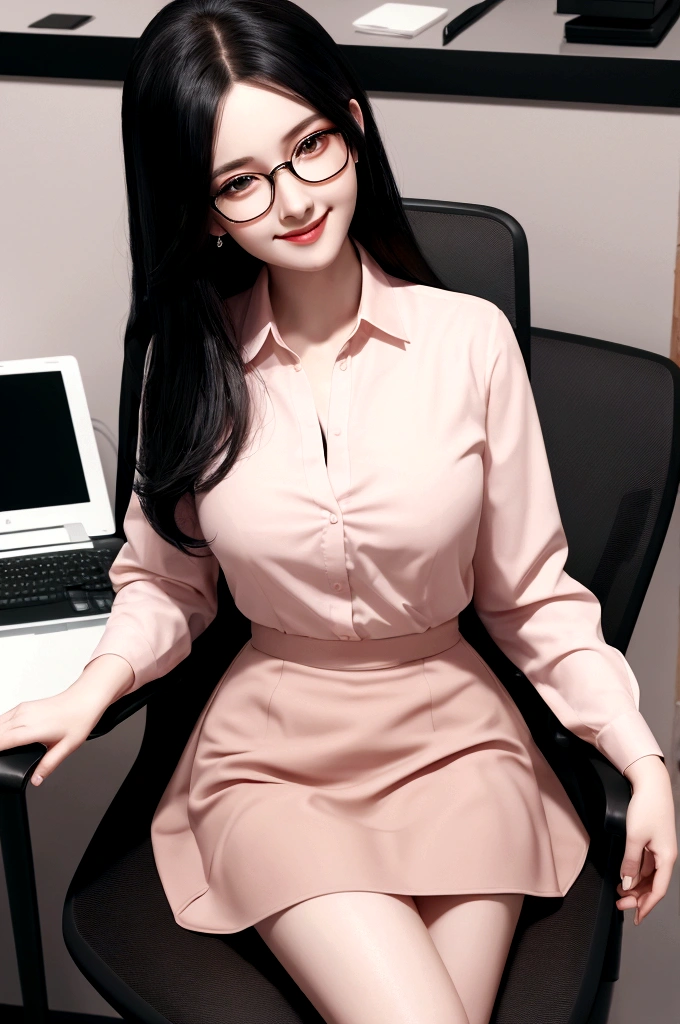 masterpiece, best quality, extremely detailed, illustration, 8k cg wallpaper, stunning art, absurdres, amazing detailed eyes, (solo), 1lady, very beautiful face, black hair, straight hair, glasses, smile, dress shirt, tight skirt, sitting on the chair of modern office, PC, (blush),