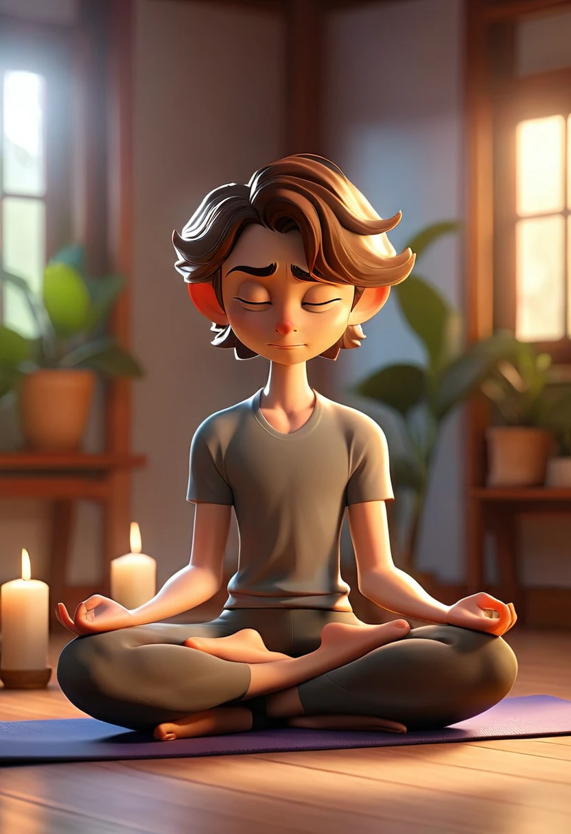 Jack sitting cross-legged on a yoga mat, eyes closed, in a peaceful room with soft lighting and a few candles lit.