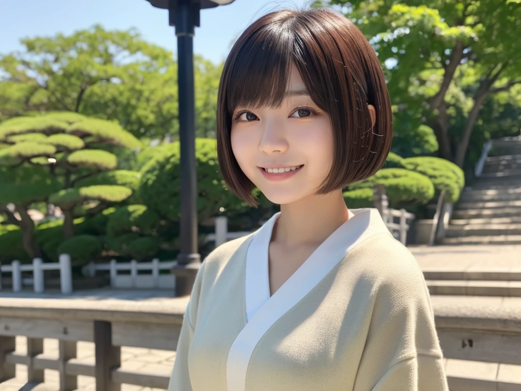 (best quality:1.2), masterpiece, Realistic, Ultra-high resolution, (((1 Japanese woman:1.2))), 17 years old, Bobcut, 白のキャミソール, smile, Park during the day