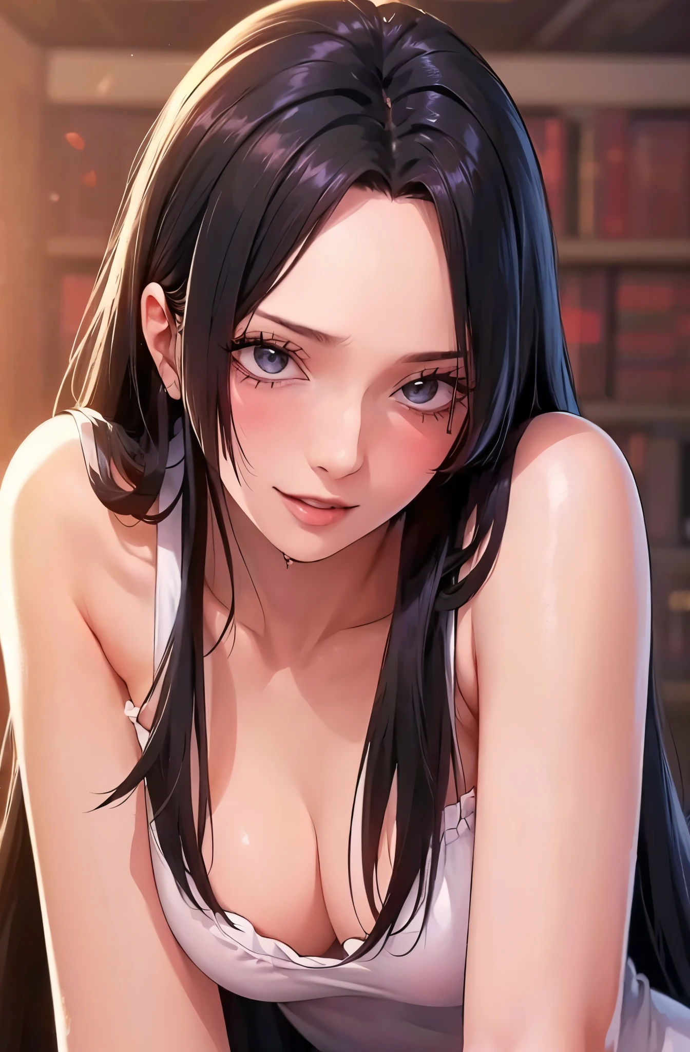(((masterpiece))), (((best quality))), ((ultra-detailed)), (highly detailed CG illustration), Boa Hancock, , (masterpiece:1.5), Detailed Photo, Smiling, Sexy, (Best Quality: 1.4), (1girl), Beautiful Face, (Black Hair, long Hair: 1.3), Beautiful Hairstyle, beautiful detail eyes, (realistic skin), beautiful skin, absurd, attractive, ultra high resolution, high definition, (sexually aroused:1.5), Pinkish white skin, cool white light, sexy pose, Beautiful , white background, pink soft white light, Wear a white dress
