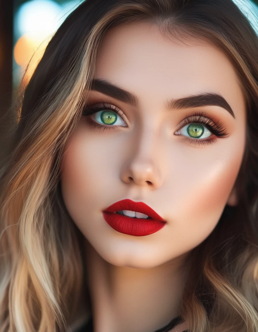 Instagram profile photo Masterpiece photography of a beautiful 19 year old girl, green shiny eyes, big eyeashes red big lips highly detailed face and skin; trending at artstation sharp focus bright studio lighting epicrealistic 8k wide angle shallow depth shading hdr 4K high definition cgsociety stunning intricate elegant digital matte drawing 3/point perspective neon atmosphere dramatic . 35mm photograph, bokeh, professional, 4k, highly detailed