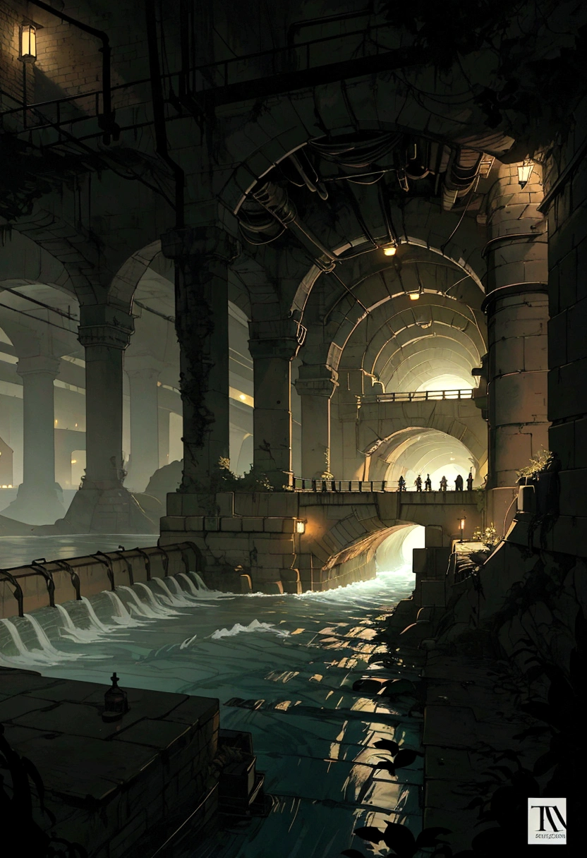 a dimly lit tunnel with a river running through it, sewers, sewer, down in the sewers of london, water flowing through the sewer, sewer background, twisted waterway, sewage, canal, tunnels, underground lake, in a massive cavernous iron city, metal towers and sewers, like a scene from blade runner, tunnels lead to different worlds