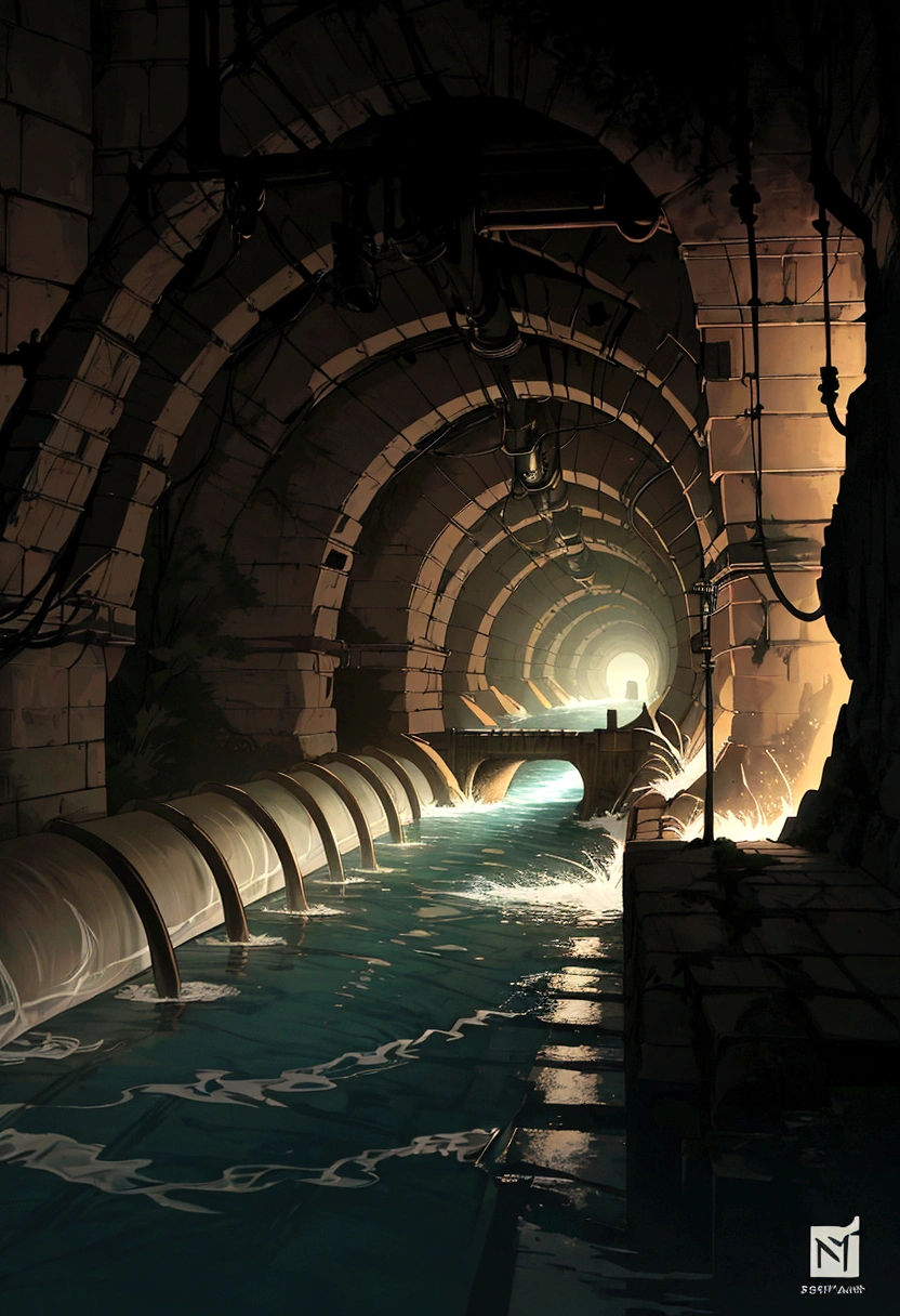 a dimly lit tunnel with a river running through it, sewers, sewer, down in the sewers of london, water flowing through the sewer, sewer background, twisted waterway, sewage, canal, tunnels, underground lake, in a massive cavernous iron city, metal towers and sewers, like a scene from blade runner, tunnels lead to different worlds