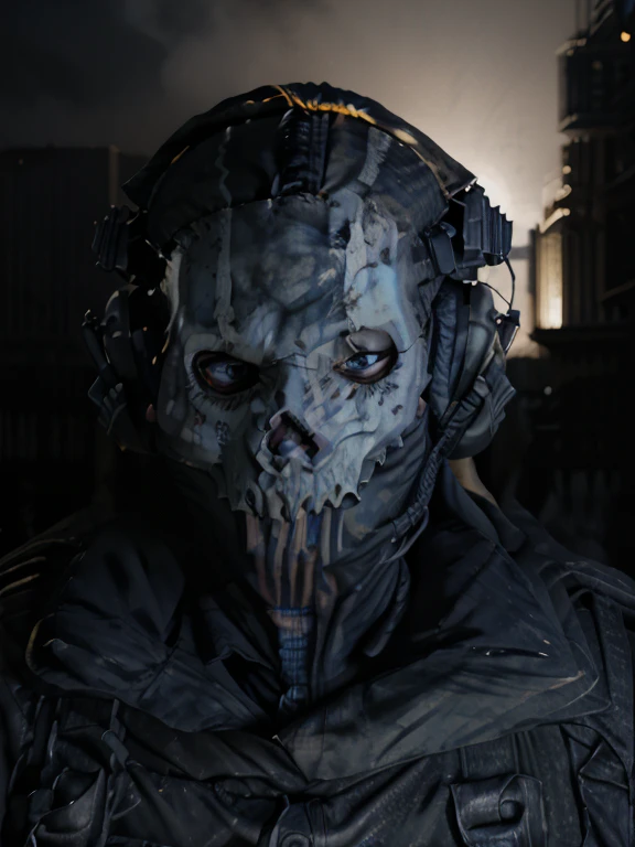 ghost mask, blue helmet and uniform, Men in mask portrait, military, close-up, contra-luz, ultrarealistic, ray tracing, storm in background, blue cinema lighting, buildings in the background