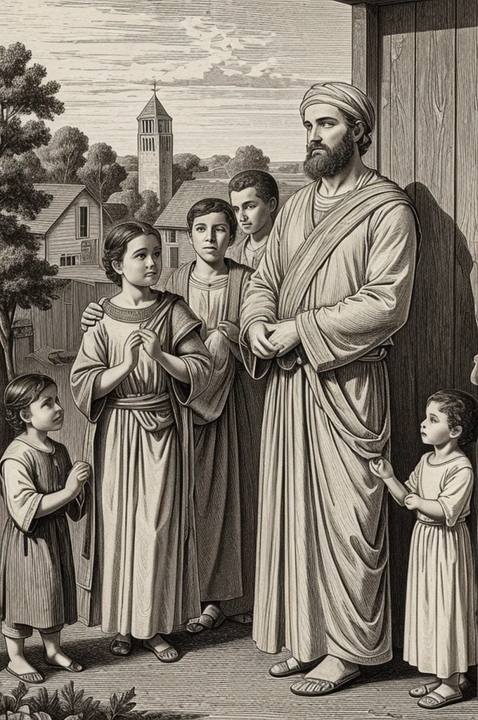 A drawing showing a of God living in righteousness, loving your neighbor and following God's commandments