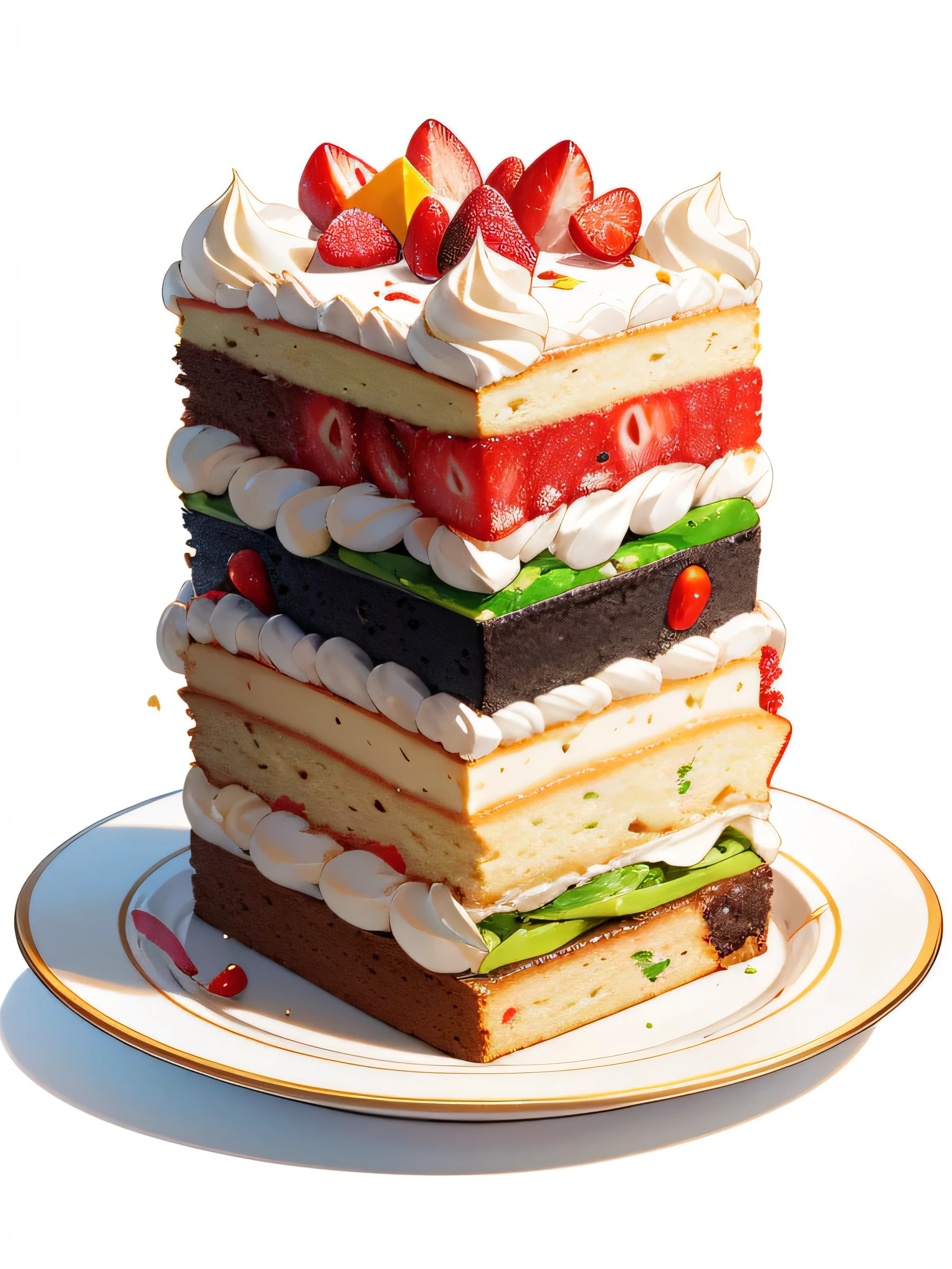2 pieces of cake, clear plate, white background, vegetable salad