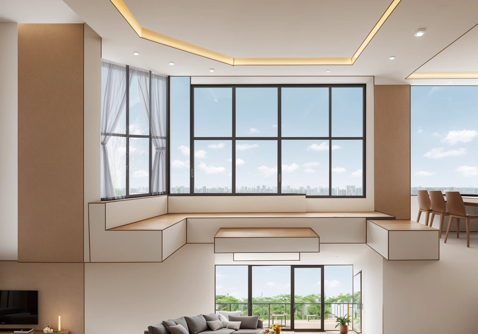 Industry style, livingroom, beautyful warm light, glass curtain wall:1.4 , 1 rèm che nắng màu trắng trong suốt :1.3 