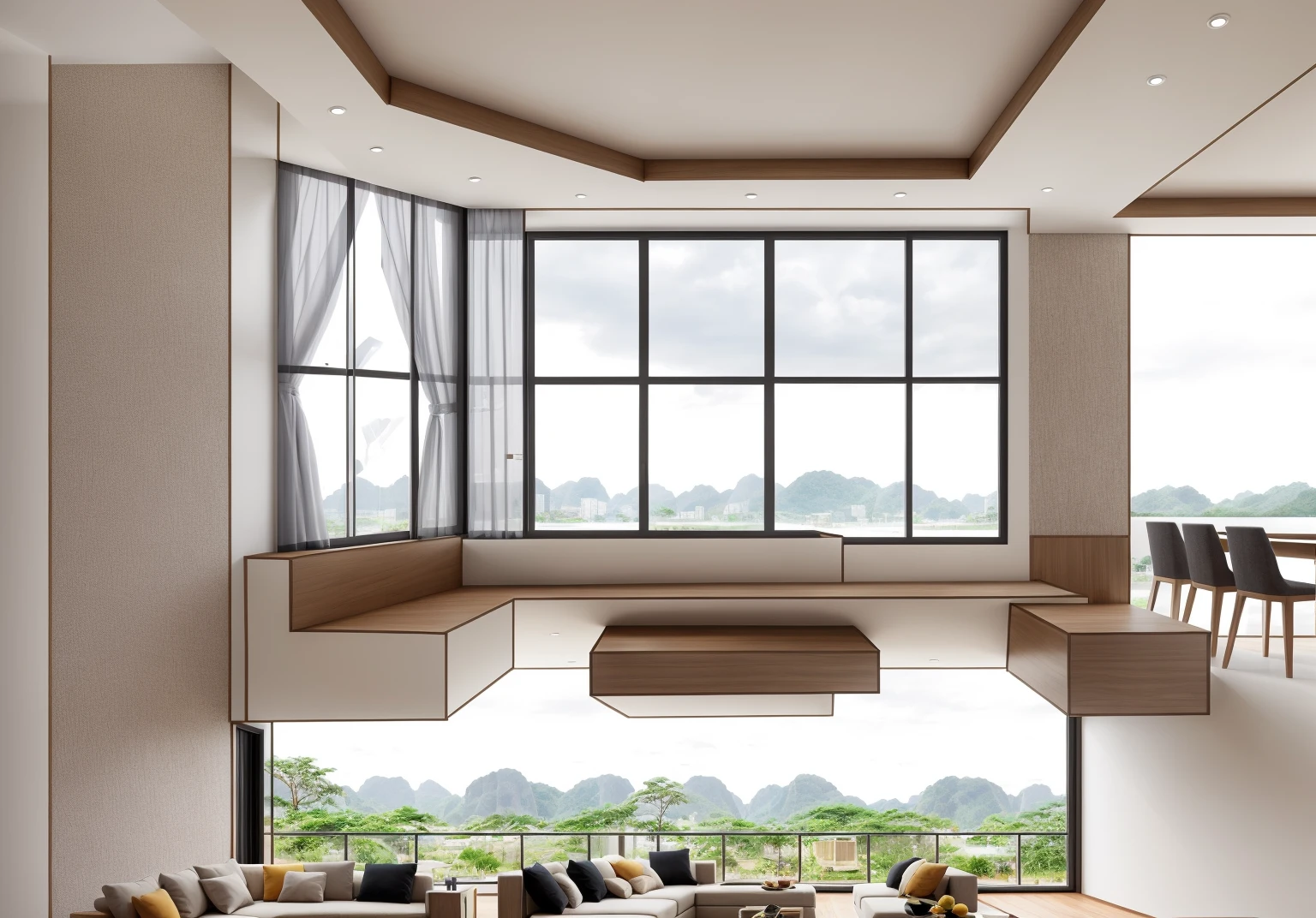 Industry style, livingroom, beautyful warm light, glass curtain wall:1.4 , 1 rèm che nắng màu trắng trong suốt :1.3 