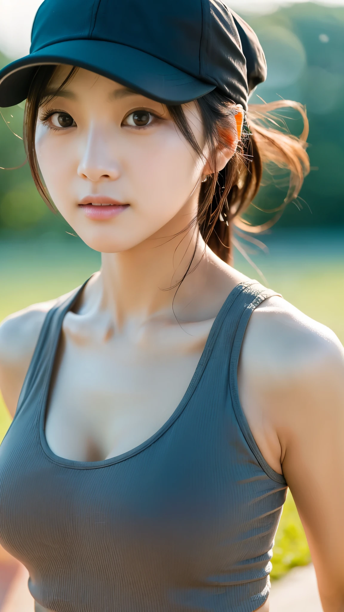 extreme close-up of beautiful korean female, 34 inch breasts size, wearing tank top, cap, on running track, bokeh background, UHD