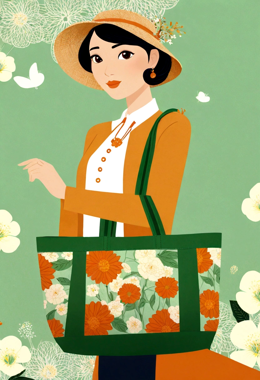 （Canvas Tote Bag Design：1.37），Simplicity，modern，upscale，cute，Color blocking，Flowers，Taiping Life Insurance Logo,Orange，Light green，lattice，line，illustration，Animation，Pixar，in style of Victo Ngai, beautiful details