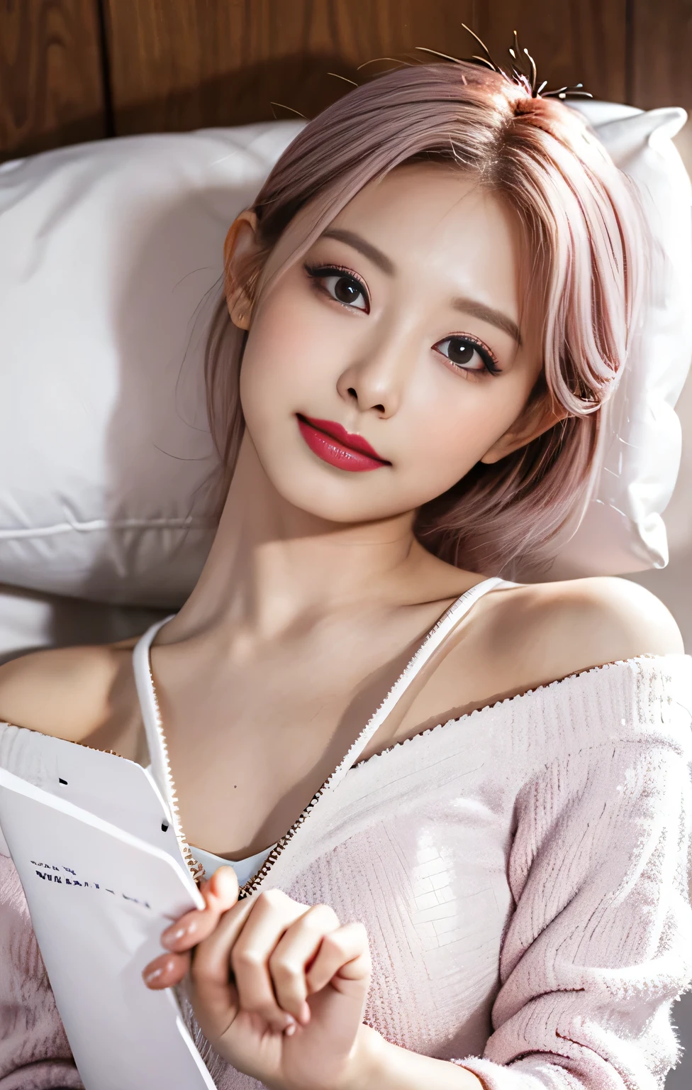 Highest quality、masterpiece、Ultra-high resolution、Photorealistic、Raw photo、One Girl、sexlyな外見、Shoulder hair、The lower half is curled and wild.、cute smile like a model、hair color is blonde、Regular high heels、Double Eyes、Applying mascara、Cute pose like a model、Clear Face、Gorgeous as a model、Ultimate beauty、cute smile、smile、TWICEのツウィみたいなOnlyな顔、Masseter muscle area、Highest quality、Cold winter clothes、Only、cute、Lying in bed、sexly、Exposed thighs、lingerie、The lipstick is a deep pink color