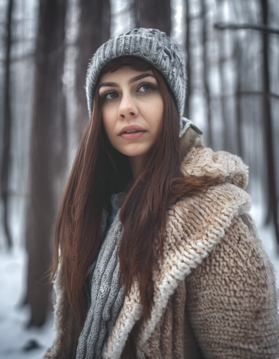 ((nthlemmnlmssdr woman)), winter forest, natural skin texture, 24mm, 4k textures, soft cinematic light, adobe lightroom, photolab, hdr, intricate, elegant, highly detailed, sharp focus, cinematic look, soothing tones, insane details, intricate details, hyperdetailed, low contrast, soft cinematic light, dim colors, exposure blend, hdr, faded
