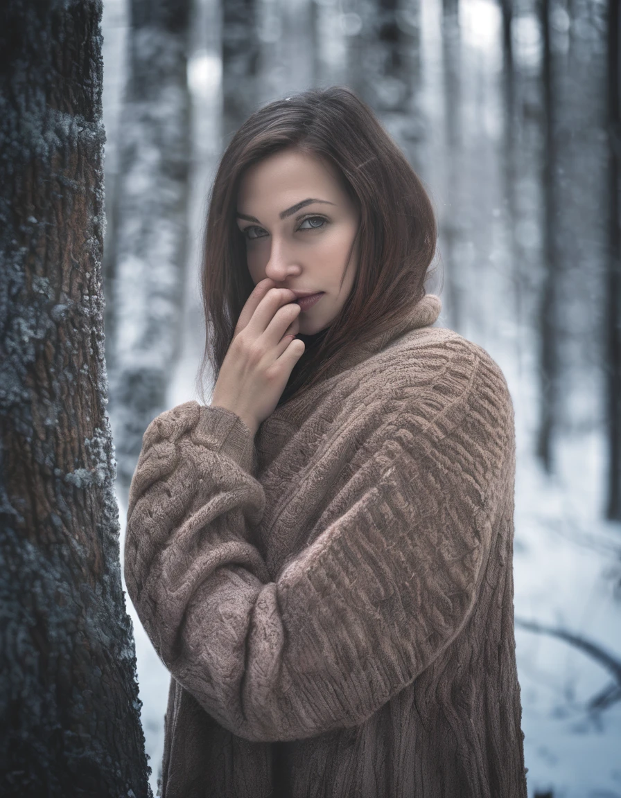 ((nthlemmnlmssdr woman)), winter forest, natural skin texture, 24mm, 4k textures, soft cinematic light, adobe lightroom, photolab, hdr, intricate, elegant, highly detailed, sharp focus, cinematic look, soothing tones, insane details, intricate details, hyperdetailed, low contrast, soft cinematic light, dim colors, exposure blend, hdr, faded
