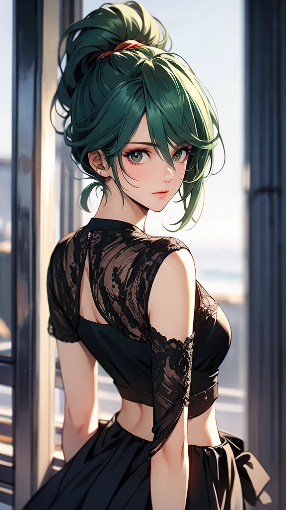 1 Female, Tamaki, green hair, ponytail, hair between eyes, Fashion Model,