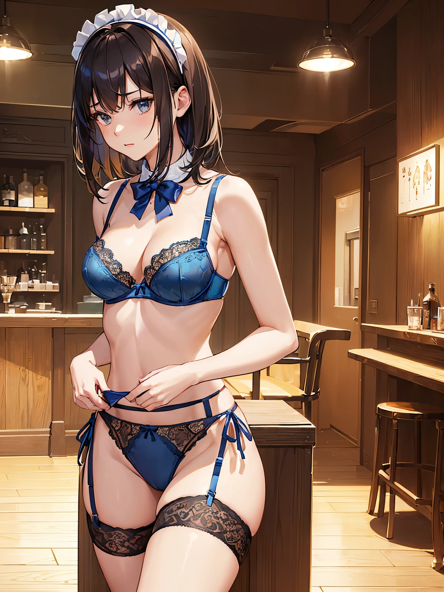 (((masterpiece, Highest quality, High resolution, 超High resolution, Perfect Pixel, Depth of written boundary, 4K, RTTX 10.0))), Beautiful Anime Women, Beautiful art style, Anime characters, ((Smooth texture, Realistic texture, Anime CG Style)), Exact finger count、Exact number of legs、(Exact number of arms:1.0, Exact number of hands:1.0), (Perfect hands, Perfect Anatomy), Cinematic, Realistic, Extremely detailed CG, Daytime lighting, Perfect lighting, Best Shadow, The best natural light, whole body, Perfect body, (Slender body:1.2), ((Long Hair, bangs, Dark brown hair, Stylish hairstyle, Bobcut)), ((二人のcute女性はセクシーに飲み物を運んでいる:1.6)), ((Alone:1.0)), beauty, cute, ((Bow tie around neck, High heels:1.3), (セクシーでcute青下着:1.3), (Stylish shiny blue satin panties, Side-tie panties:1.3), (Thin panties:1.3), (Blue micro lace satin bra, Thin bra:1.3), (garter belt, Knee socks:1.3):1.3), (beautiful and very large breasts:1.2), (Beautiful and thin thighs:1.3), (Short torso:1.3), Feeling embarrassed, (blush:1.2), (Very embarrassed look:1.4), (Cabaret Club, Inside the bar, Carry drinks, A busy store, Chair, table:1.3), naked, In underwear, Waitress in underwear, (Maid Headband:1.2), whole body, Angle from the front