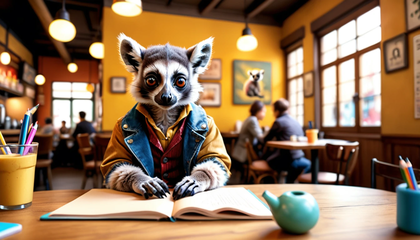 (photo film style), anthropomorphism, cute baby ring-tailed lemur, colorful , stylish open cafe, (((studying))), 2D, colorful, warm atmosphere, glossy, Jean-Baptiste Monge style, Alan Lee style