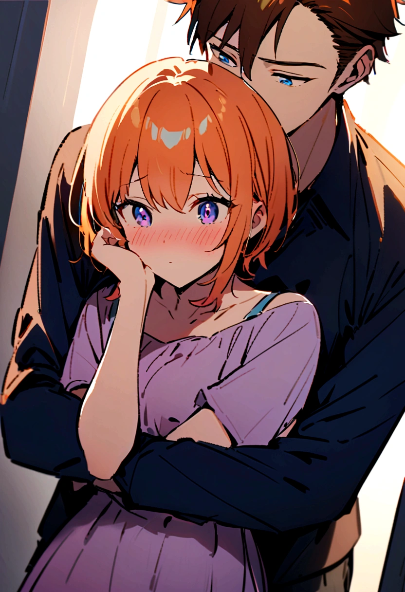 A handsome boy with orange hair and blue eyes, hugging a beautiful girl with short white hair and violet eyes. The boy is being possessively clingy, burying his face in the crook of her neck while hugging her waist from behind. The girl is blushing from embarrassment. They are both wearing simple modern clothes.