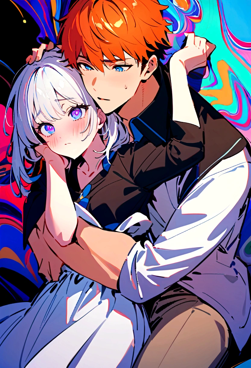 A handsome boy with orange hair and blue eyes, hugging a beautiful girl with short white hair and violet eyes. The boy is being possessively clingy, burying his face in the crook of her neck while hugging her waist from behind. The girl is blushing from embarrassment. They are both wearing simple modern clothes and are front-facing.