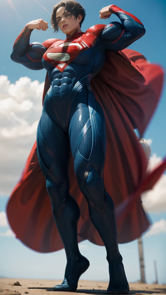 solo, 1girl, 5uper, supergirl, black hair, pixie haircut, blue eyes,muscular strong body,big bulging biceps, blue bodysuit,posing,flexing, long sleeves, red cape,high detail,realistic