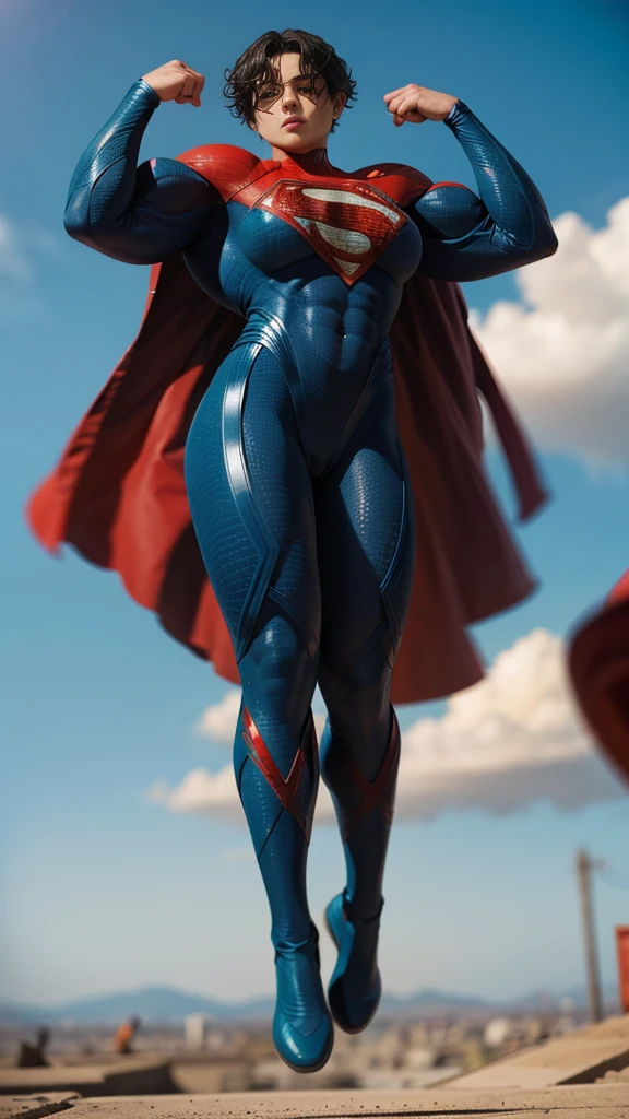 solo, 1girl, 5uper, supergirl, black hair, pixie haircut, blue eyes,muscular strong body,big bulging biceps, blue bodysuit,posing,flexing, long sleeves, red cape,high detail,realistic