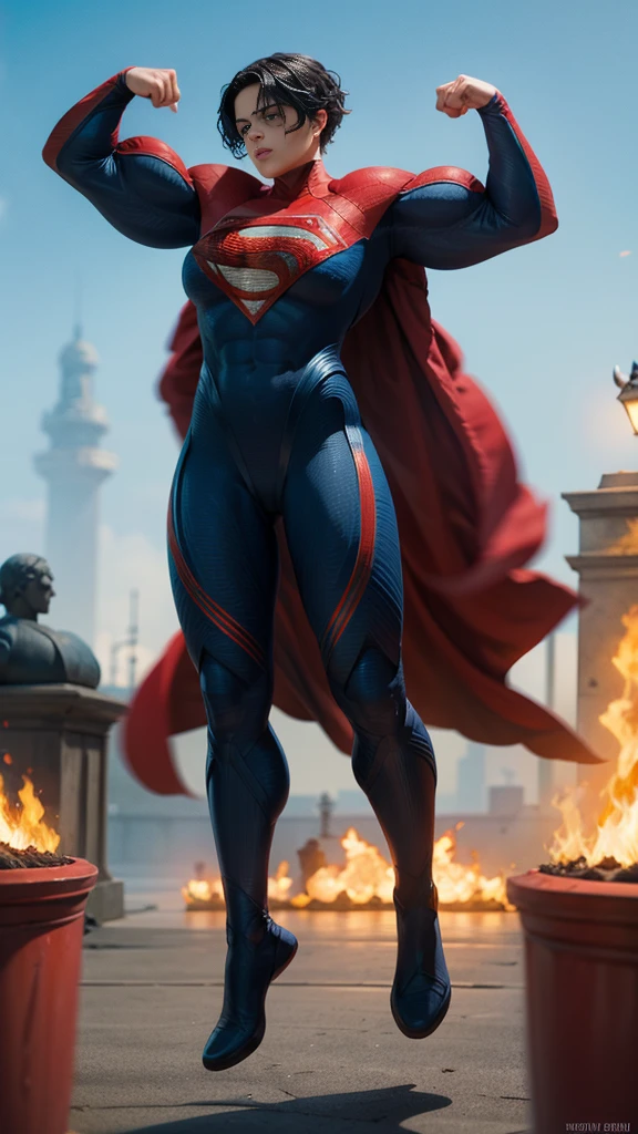 solo, 1girl, 5uper, supergirl, black hair, pixie haircut, blue eyes,muscular strong body,big bulging biceps, blue bodysuit,posing,flexing, long sleeves, red cape,high detail,realistic
