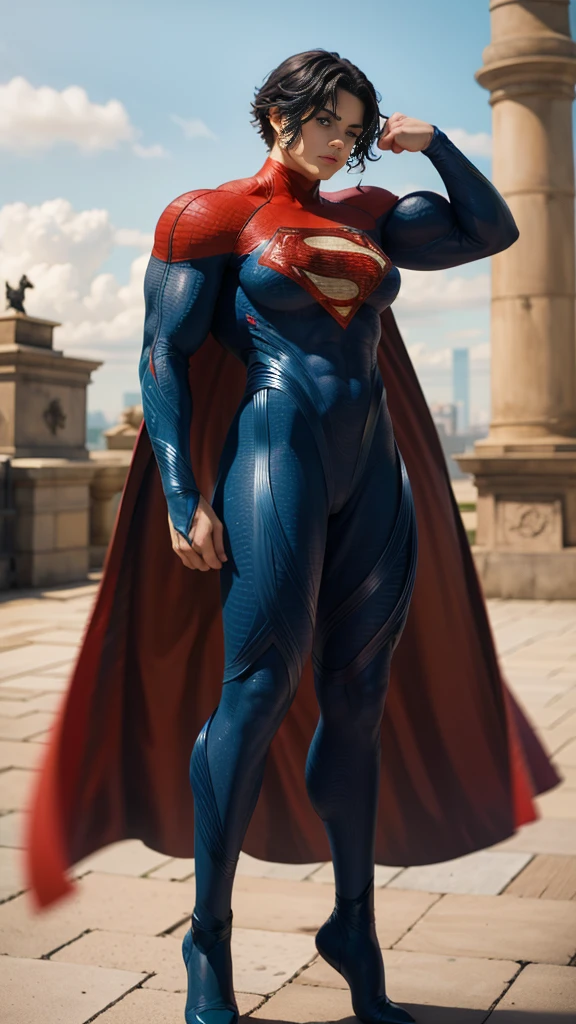 solo, 1girl, 5uper, supergirl, black hair, pixie haircut, blue eyes,muscular strong body,big bulging biceps, blue bodysuit,posing,flexing, long sleeves, red cape,high detail,realistic