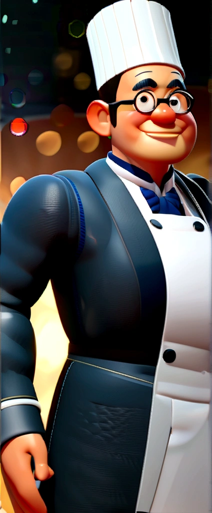 Cartoon character of a man in black glasses and red shirt and dolma, an animated character, stylized character, animation style rendering, 3d stylized, Arnold Maya rendering, Stylized 3D rendering, toon render screenshot, 3d character, 3d character, Stylized 3D rendering, 3D character rendering, cartoon character, Personagem de close up, Dressed as a chef, (Pixar-style) (master part:1.2) (bokeh) (best qualityer) (skin detailed) (detailed texture) (8K) (Argilla) (cinematic lighting) (sharp focus，Sit down and lift your upper body