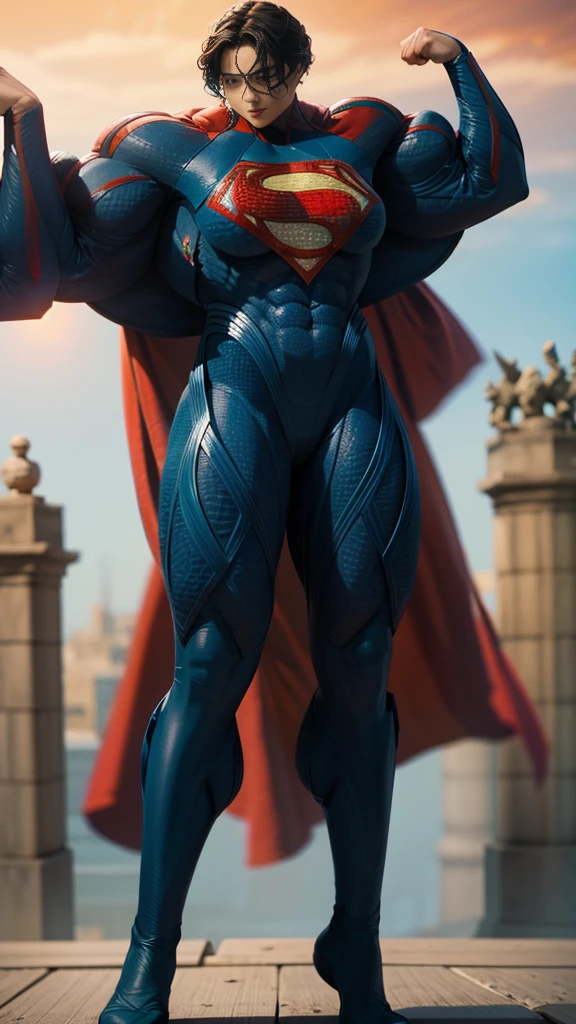 solo, 1girl, 5uper, supergirl, black hair, pixie haircut, blue eyes,muscular strong body,big bulging biceps, blue bodysuit,posing,flexing, long sleeves, red cape,high detail,realistic